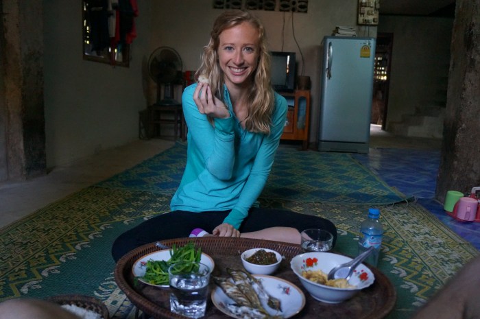 Our awesome breakfast at the homestay, including eggs, local fish, some type of broccoli, and of course, sticky rice with jaew