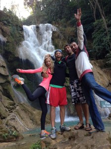 Enjoying the Kuang Si Waterfall with our Argentinean friends!