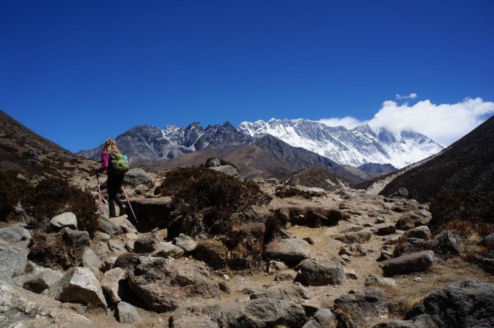 Alison blazing the trail with Lhotse in the background.