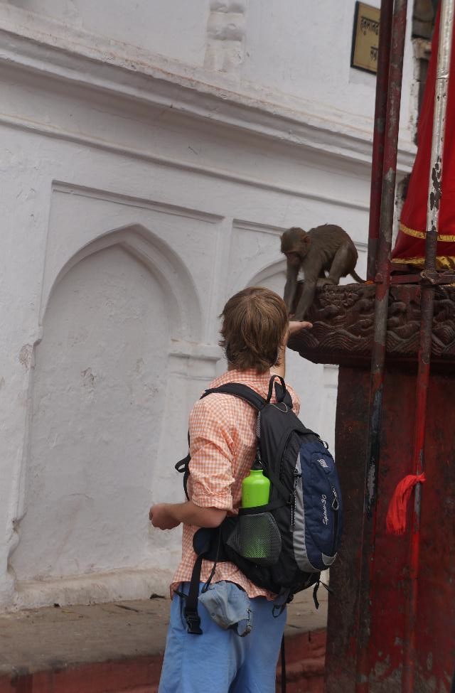 Feeding a monkey in Durbar Square. Alison scolded me afterwards (she thought I might get rabies).