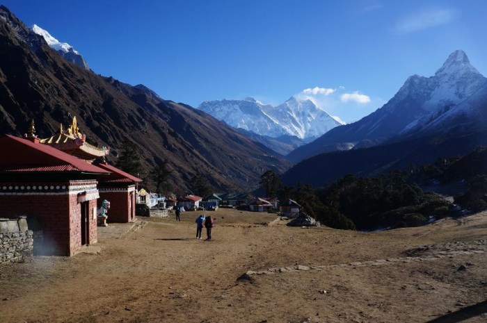 Village of Tengboche.  Monastery to the left and Everest and Lhotse straight ahead.  This was our favorite village on the trek.