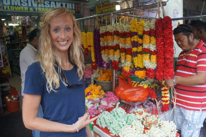 Beautiful flower garlands being made in Little India.