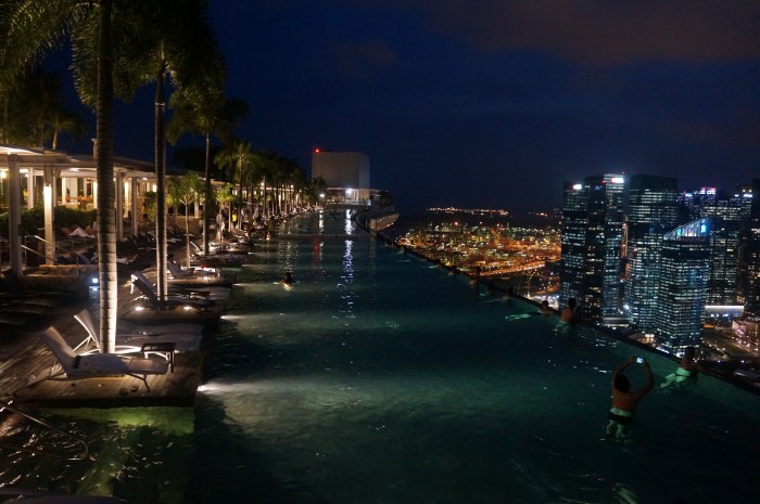 You can enjoy drinks at the bar and lounge area at the top of Marina Bay Sands without being a guest of the hotel (pool is off limits for non-guests though)!