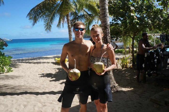 In between our dives, one of the staff was able to get two coconuts down from a nearby coconut tree and gave them to us to drink!