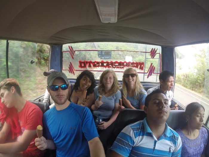 Bus out of Semuc. Unfortunately these are not corn dogs...just frozen chocolate bananas (not a bad consolation)