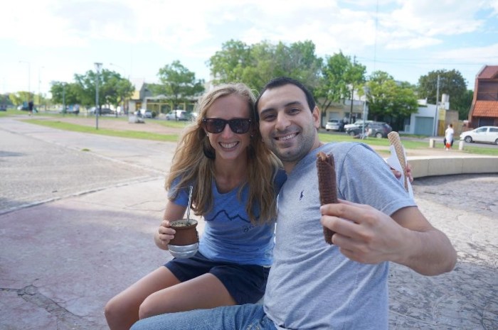 The Argentines always eat with their mate. These are cubanitos, pastries stuffed with dulce de leche (milk chocolate goodness)